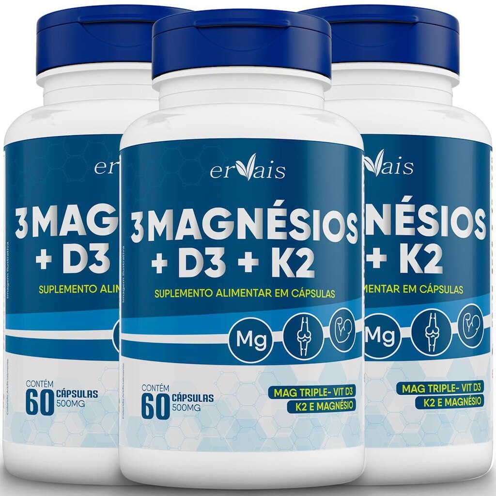 3 Magnésio - Malato + Taurato + Bisglicinato + D3 + K2 - 3 Frascos