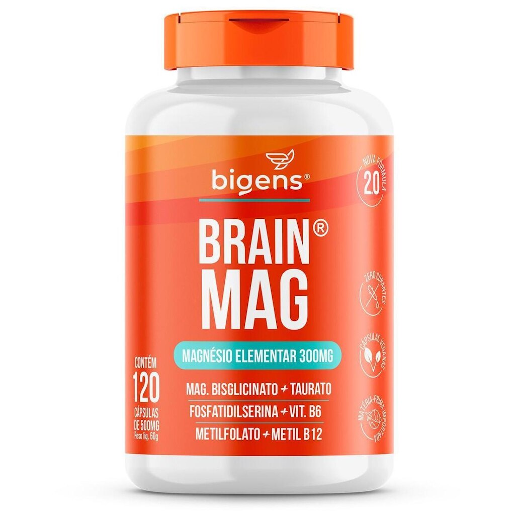 Magnésio Brain Mag Bisglicinato Taurato Fosfatidilserina Vitamina B6 B9 Metil B12 120 Cps - Bigens